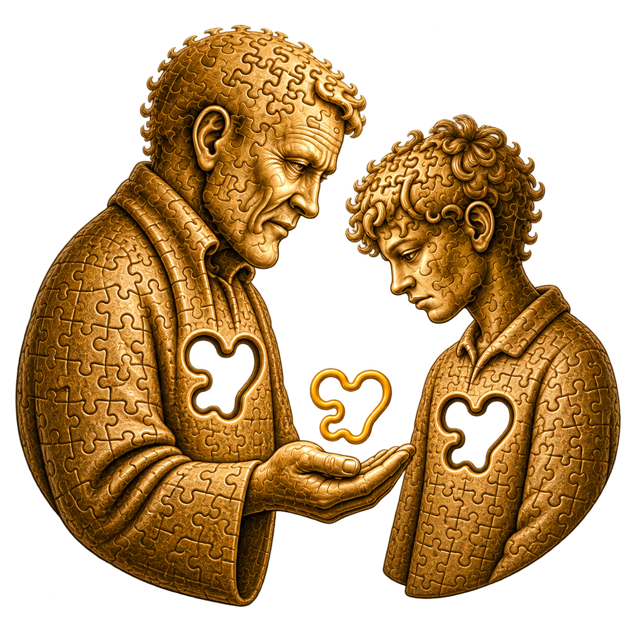 Overcomers Society logo showing an older figure offering a heart-shaped puzzle piece to a younger person
